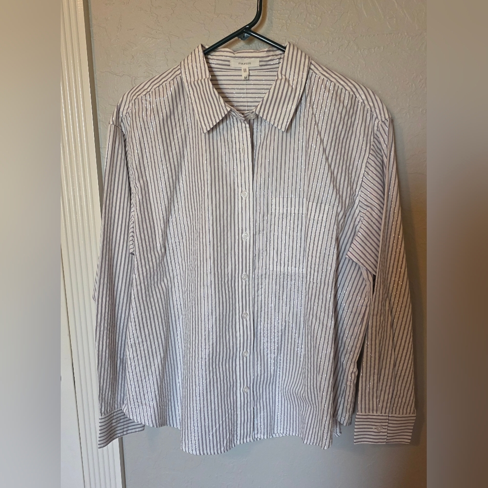 Maurices Gray/White/Silver Pinstripe Button Down Shirt, Women's Medium, NWT